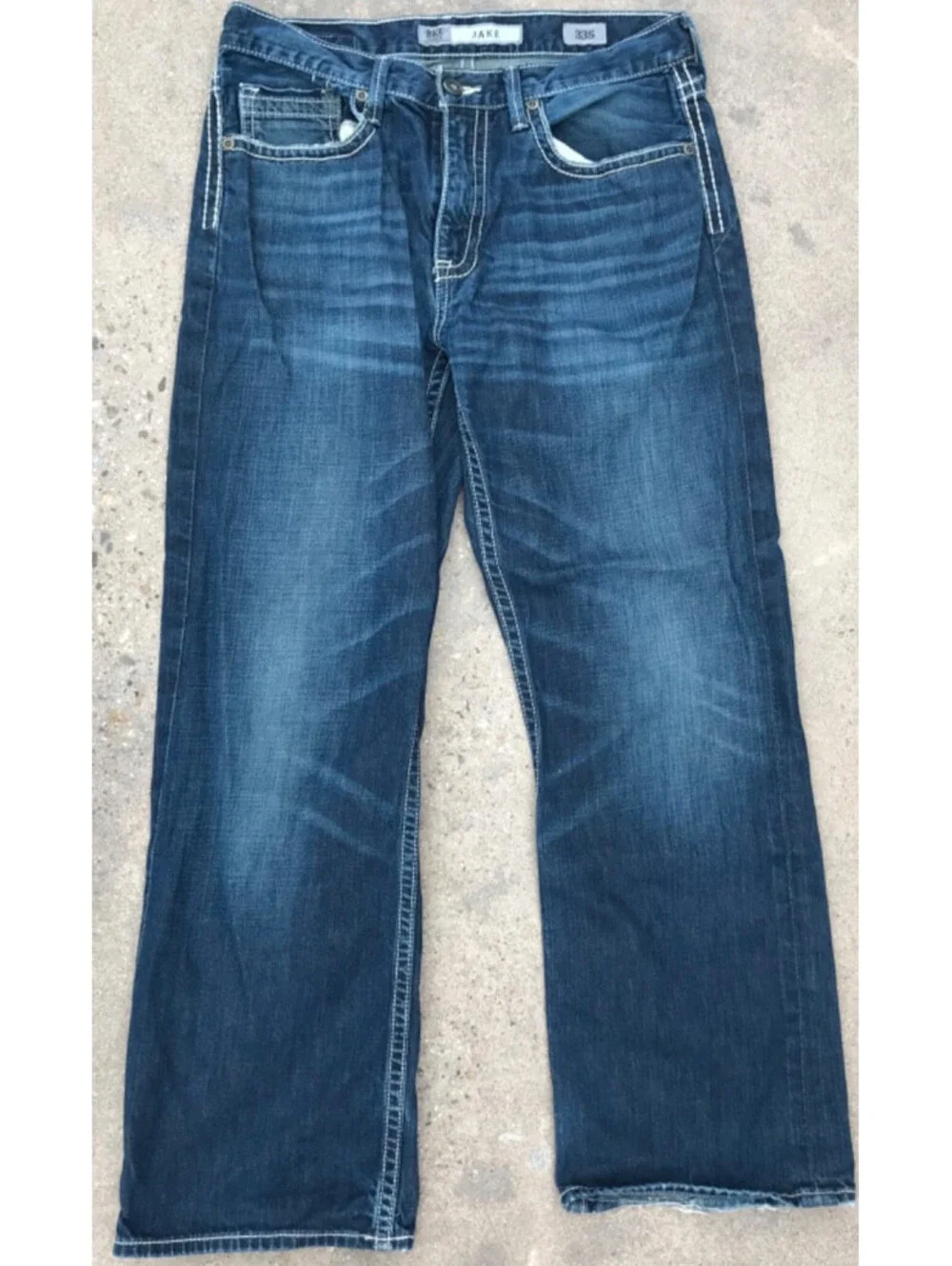 BKE Jake Denim Blue Jeans Mens 33S Straight Leg Dark Wash Lite Fading on Thighs